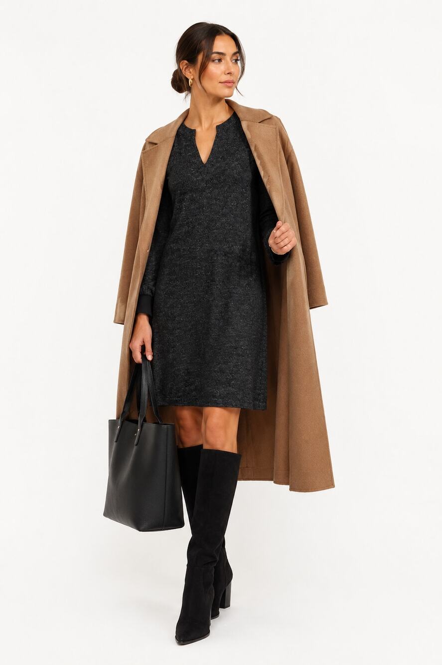 Cabi 3829 Marled Knit Shift Dress Small Black Gray V Neck Long Sleeve